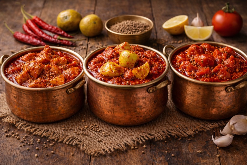 Three brass bowls of Hyderabad pickle varieties on jute