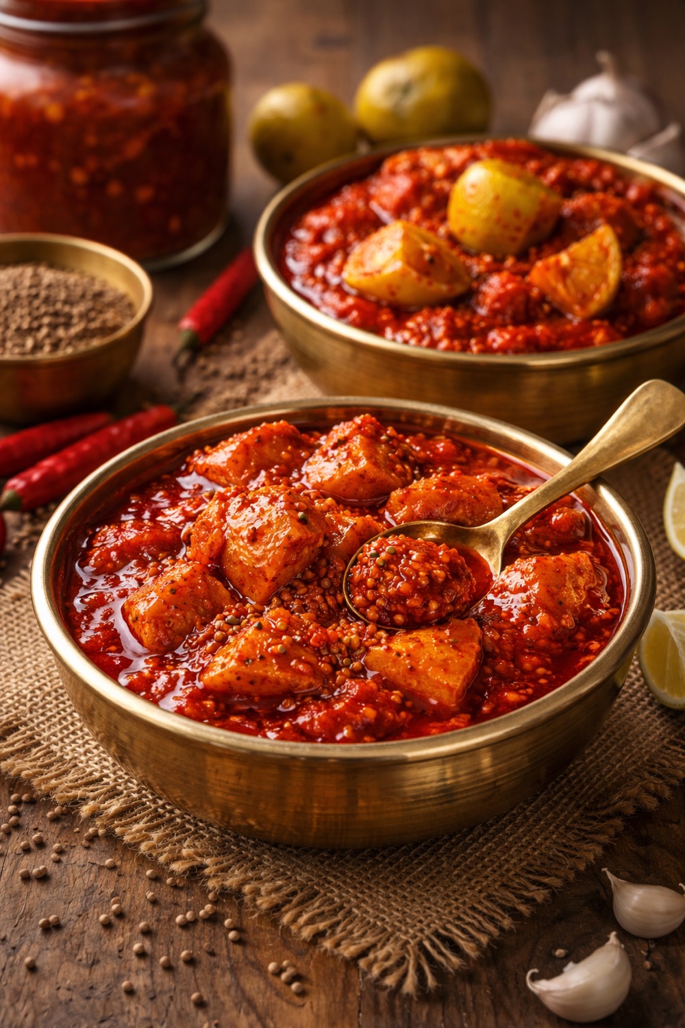 Hyderabad avakaya mango pickle in a brass bowl on jute, with chillies, lemons, garlic and mustard seeds